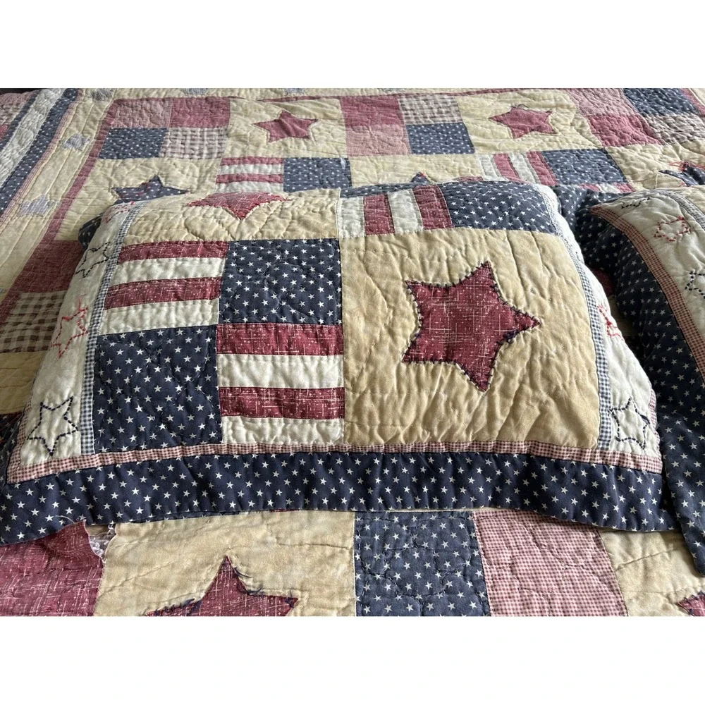 Americana Patchwork Quilt Set Full Queen Red White Blue Stars Rustic Farmhouse